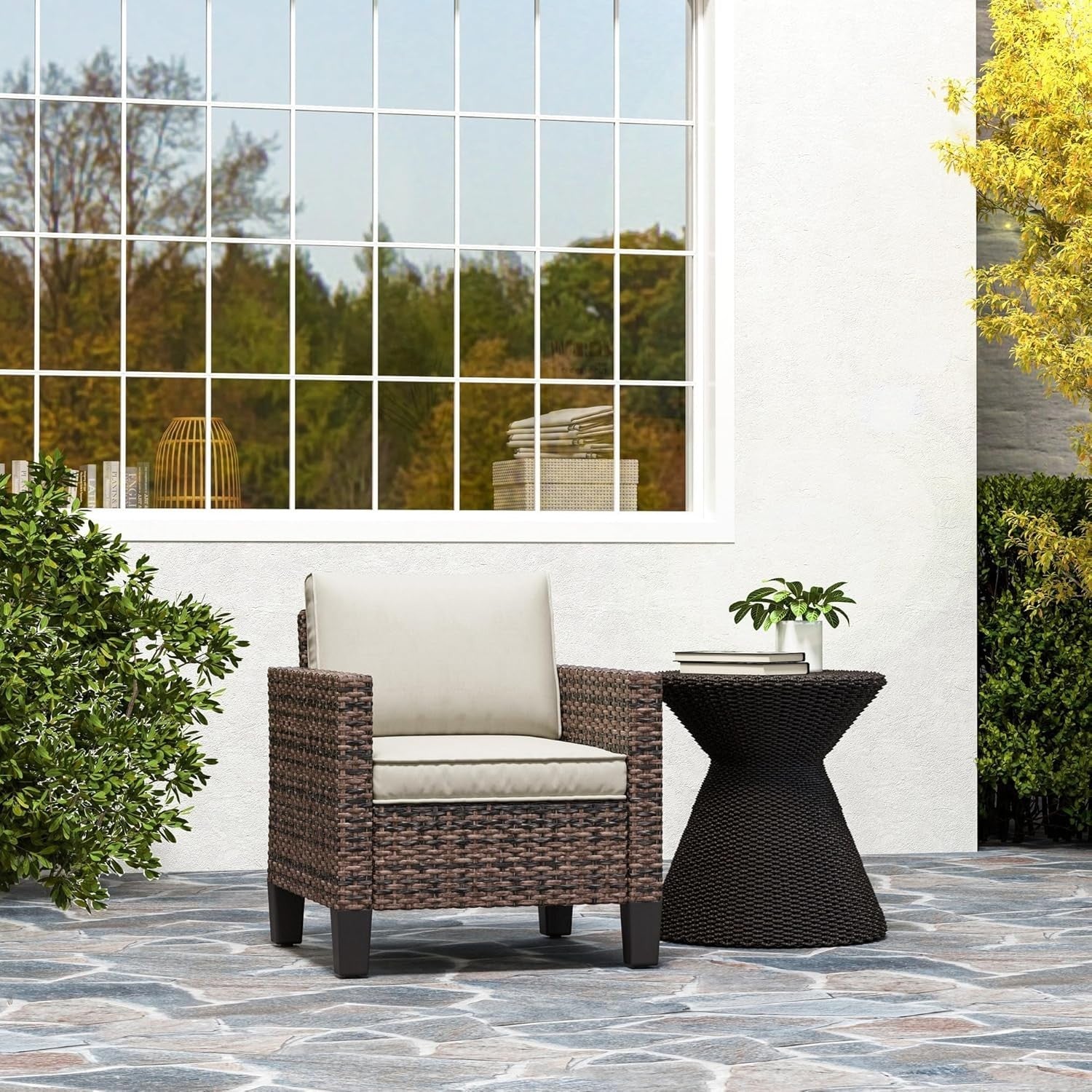 Rattan Garden Armchair with Cushions Brown Outdoor Patio Conservatory Chair