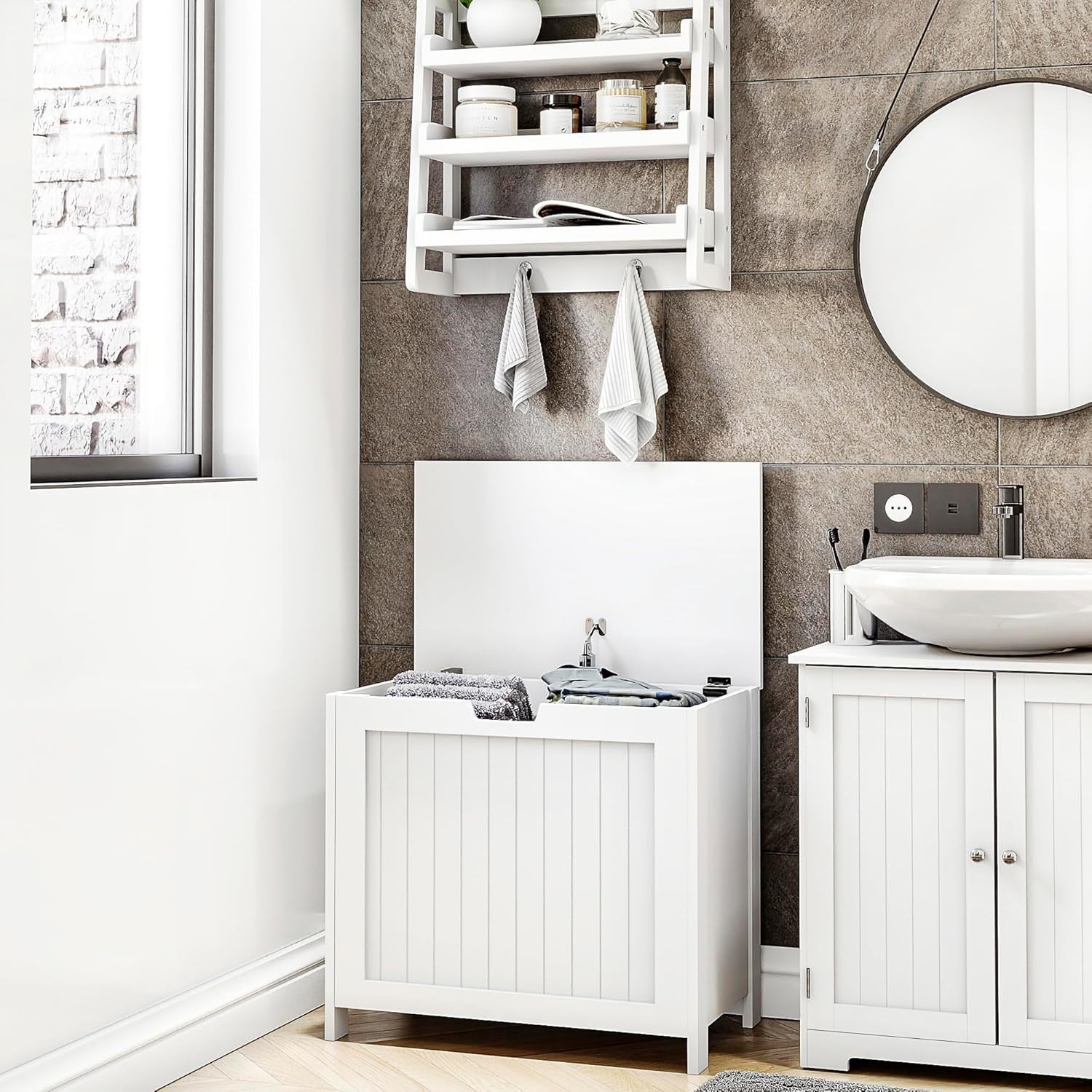 White Wooden Laundry Hamper Large Modern Hinged Lid Basket 56×60×35cm FSC Wood