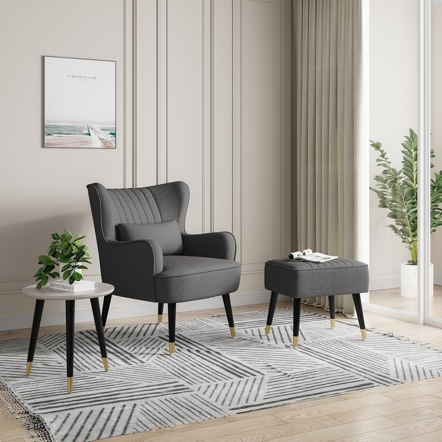 Modern Wingback Armchair w/ Ottoman Footstool, Teddy Fleece Lounge