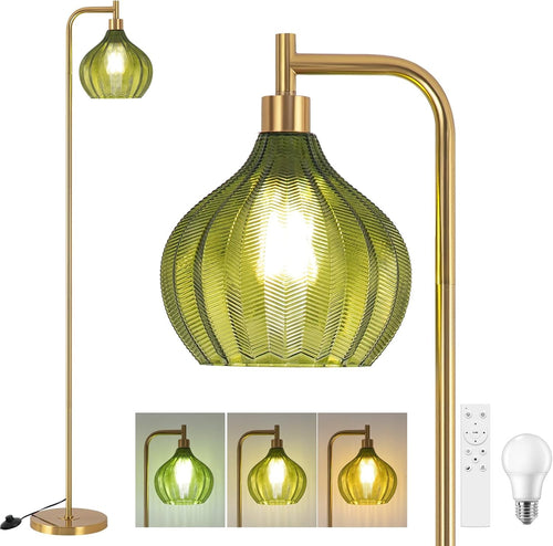 Gold Arc Floor Lamp Dimmable Remote Green Glass Shade LED Tall Standing
