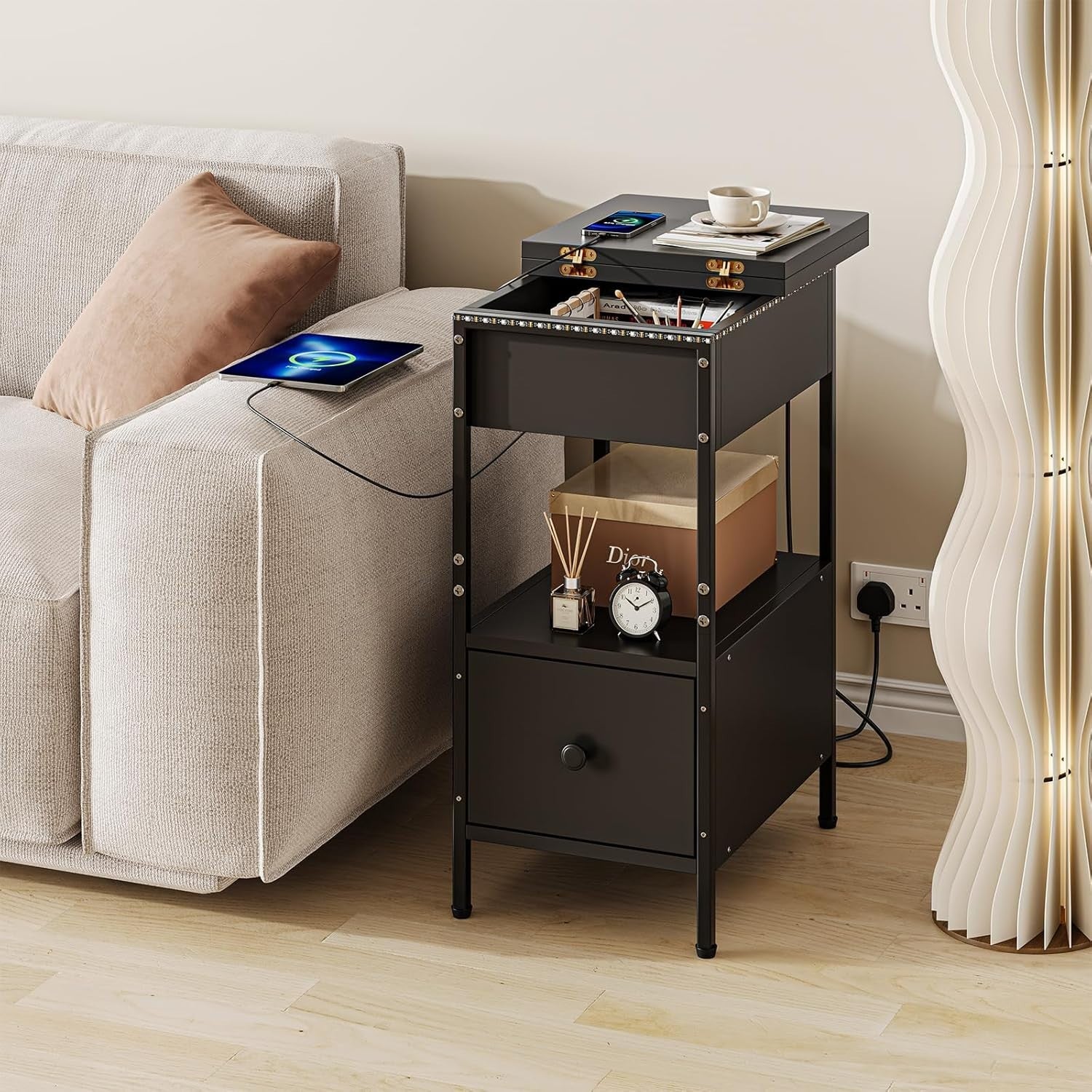 Slim Black Smart Bedside Table with LED Light, USB Charging & Drawer