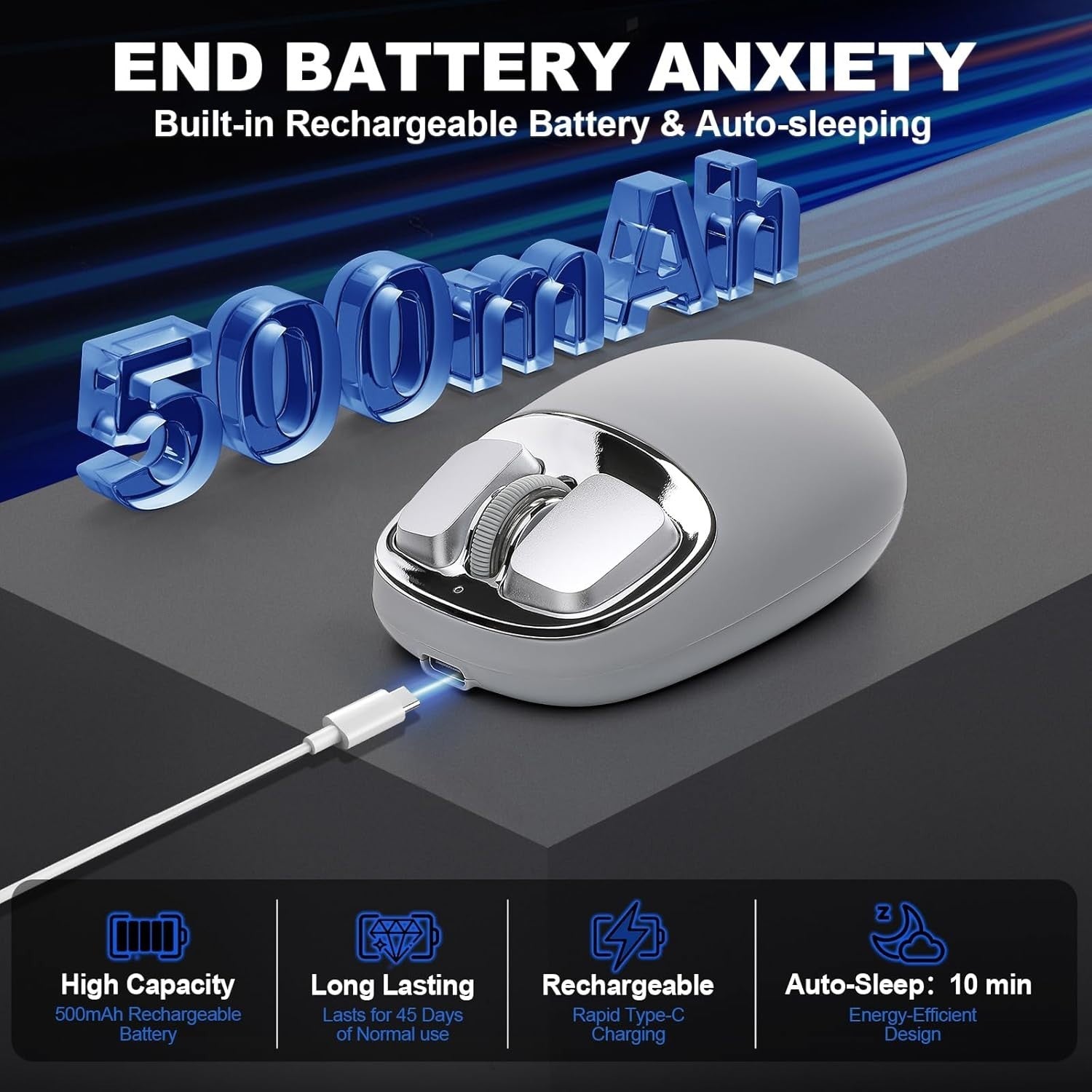 Tri-Mode Wireless Mouse 4800 DPI Bluetooth 2.4G USB-C Rechargeable