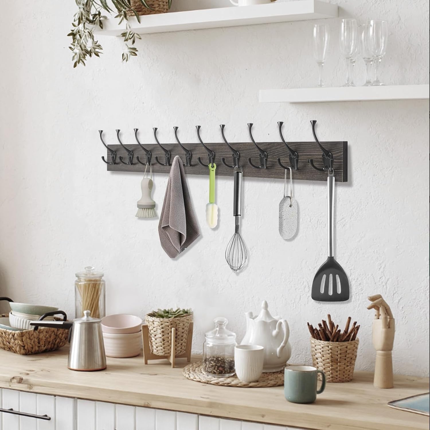 Rustic Wall Mounted Coat Rack 10 Hooks 34” Wood Hanging Rail Organizer
