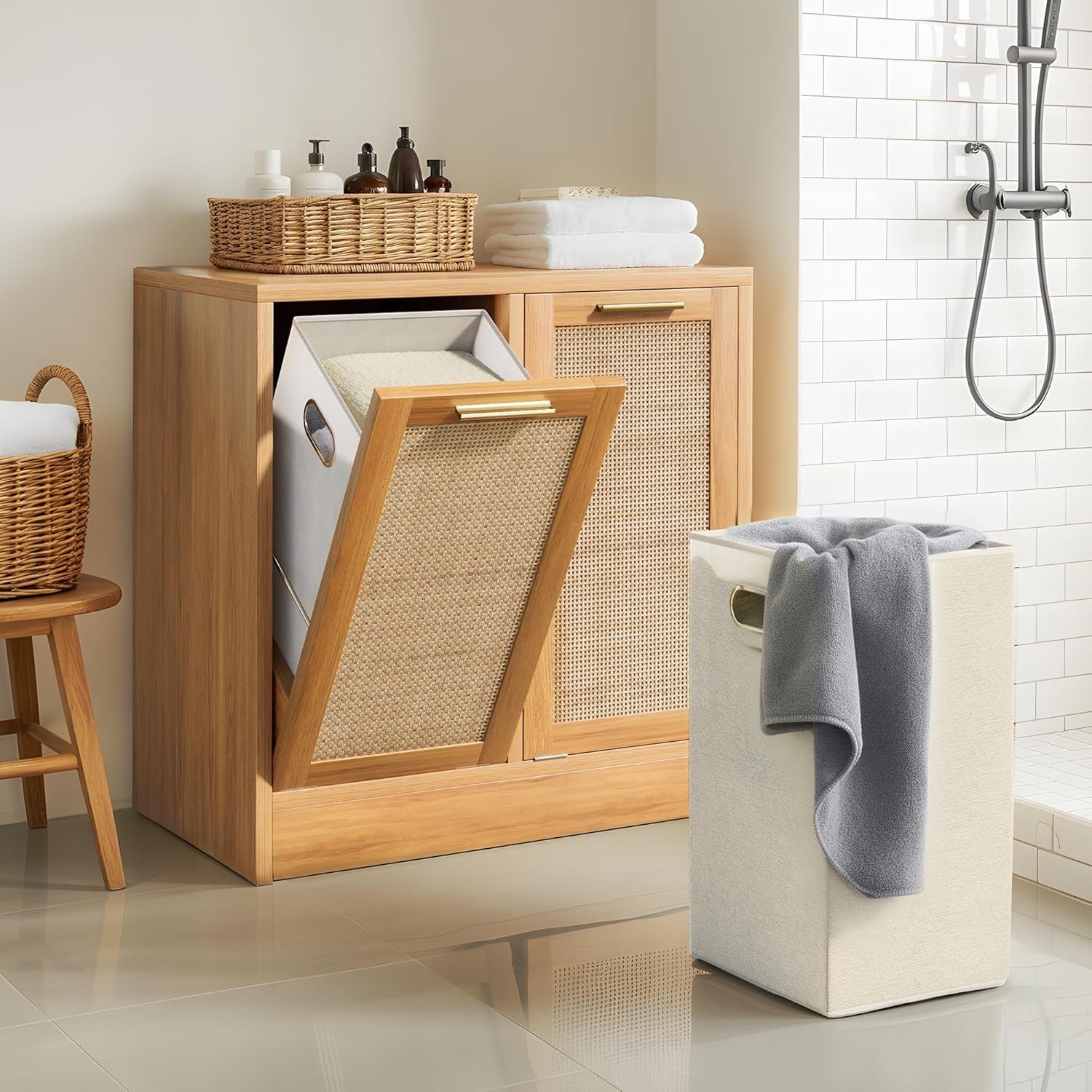 Double Rattan Laundry Cabinet 2 Baskets Wooden Tilt-Out Hamper Bathroom Storage