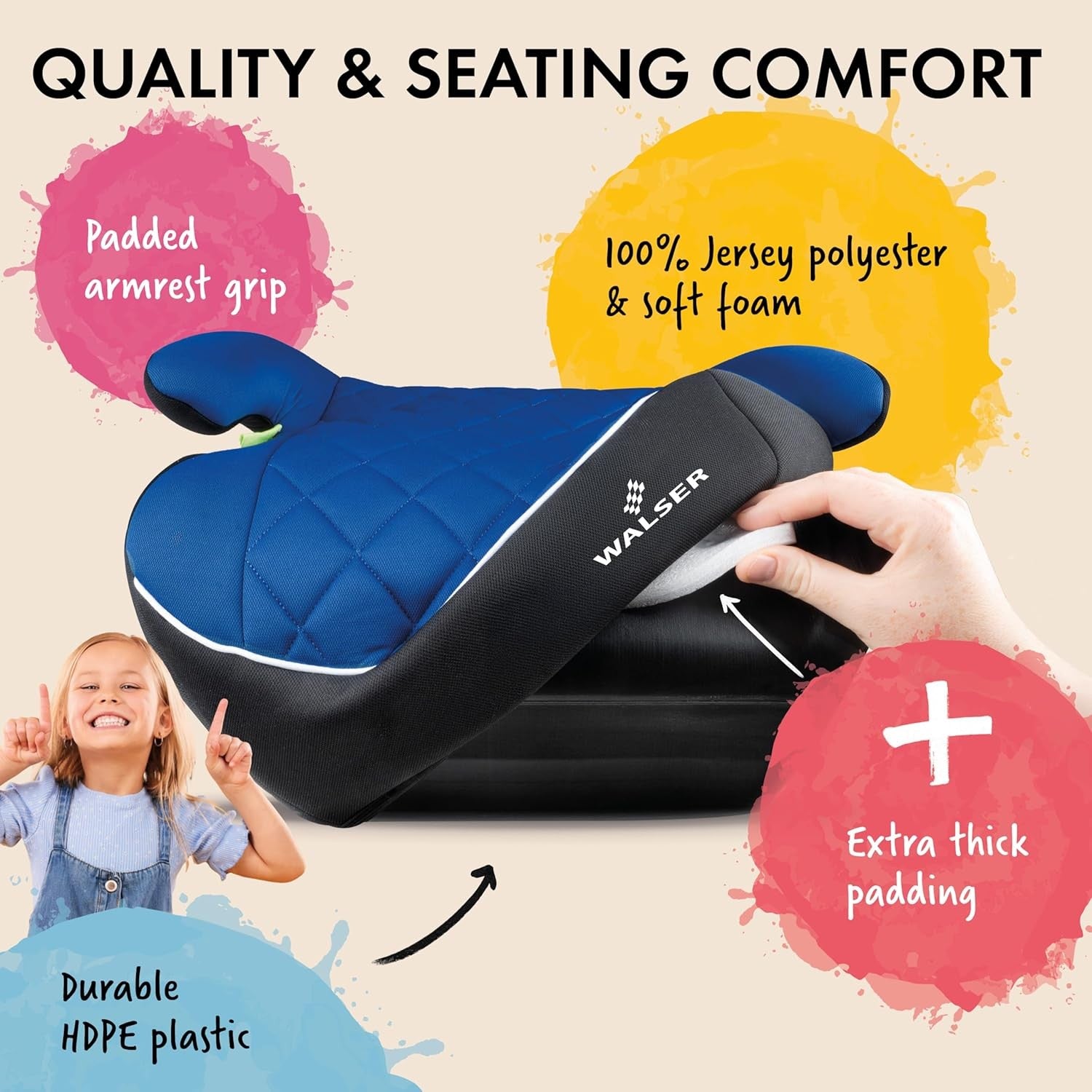 Child Booster Seat 125–150cm R129 Lightweight Padded Kids Car Seat Blue