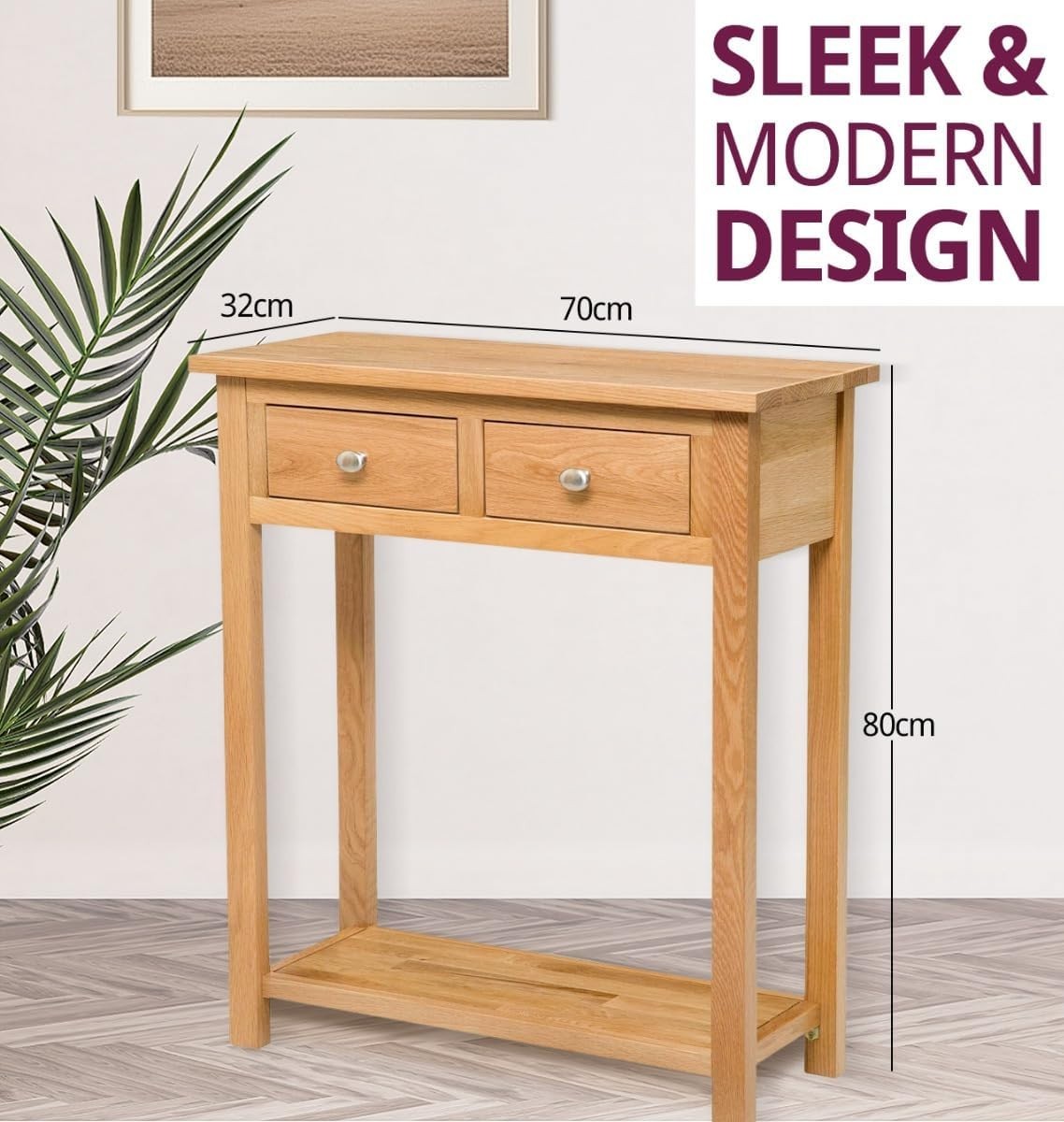 Solid Oak Console Table with 2 Drawers & Lower Shelf Slim Design