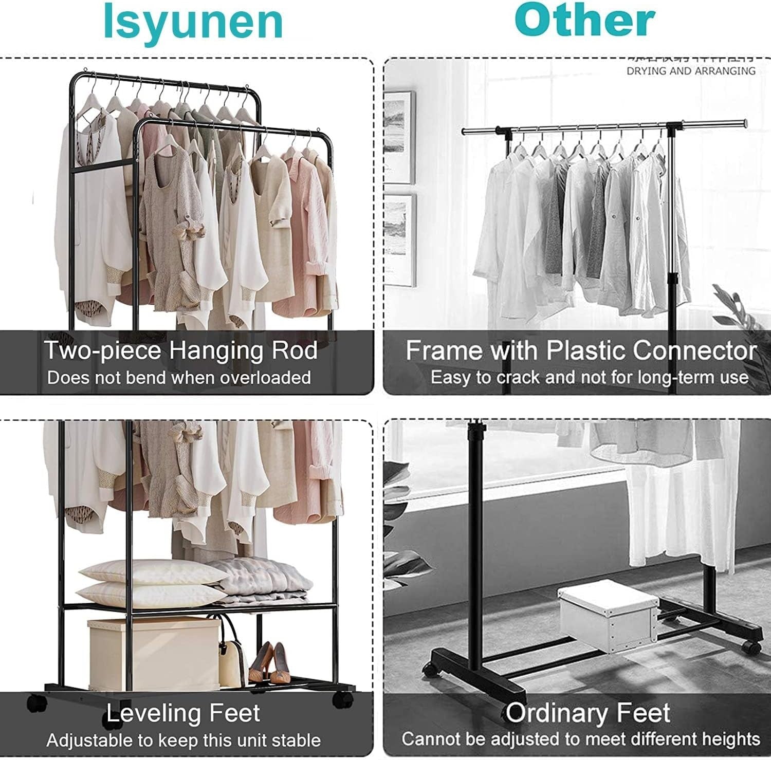 Double Clothes Rail Garment Rack with Wheels & Shelves Black