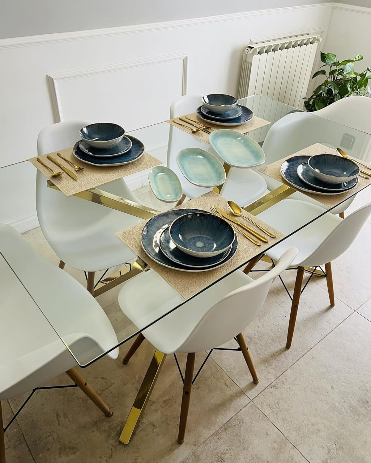 Rectangular Glass Dining Table 160x90cm Gold Metal Modern Kitchen Table
