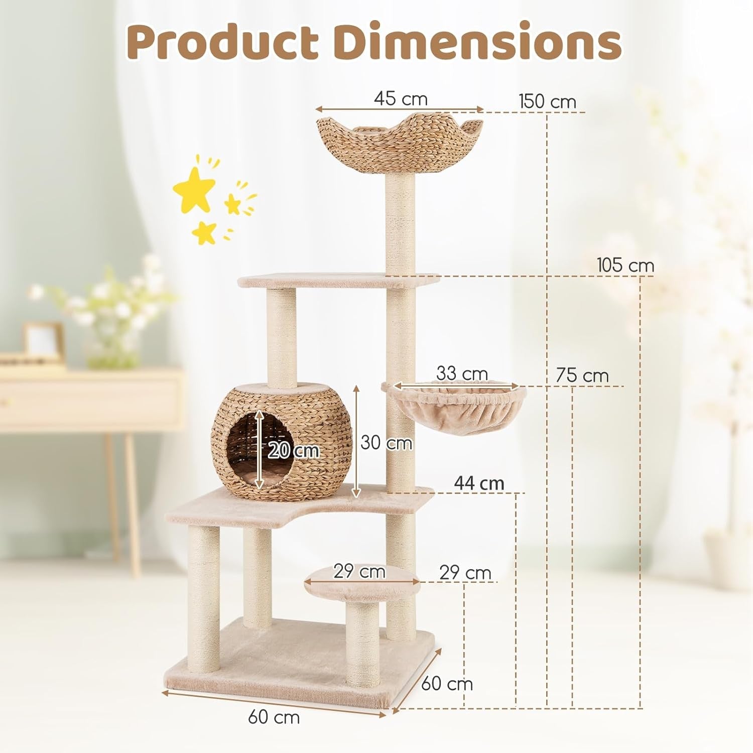 150cm Cat Tree Wicker Condo Hammock Sisal Scratching Tower Beige Indoor