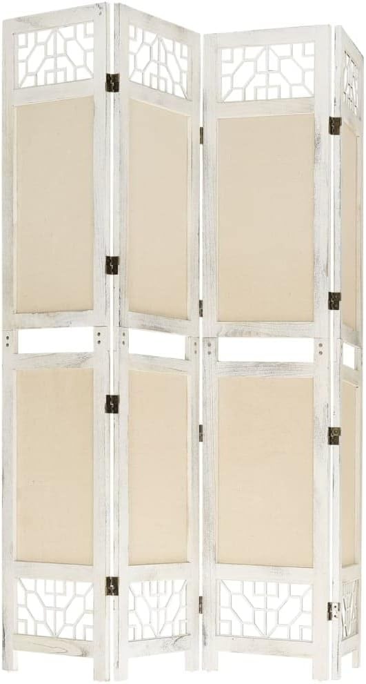 4 Panel Folding Room Divider 165x160cm Cream Wood Fabric Privacy Screen