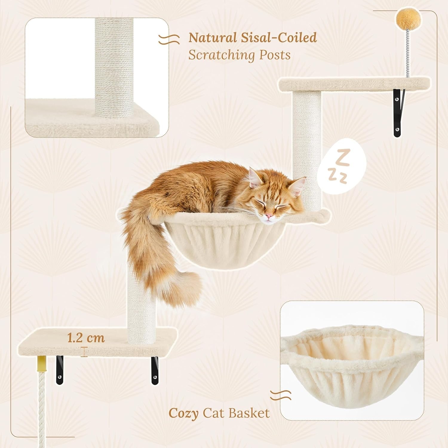 Wall Mounted Cat Shelves Climbing Set with Scratching Posts Perches Beige
