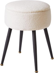 White Round Teddy Fur Stool with Storage – Soft Vanity Ottoman Chair