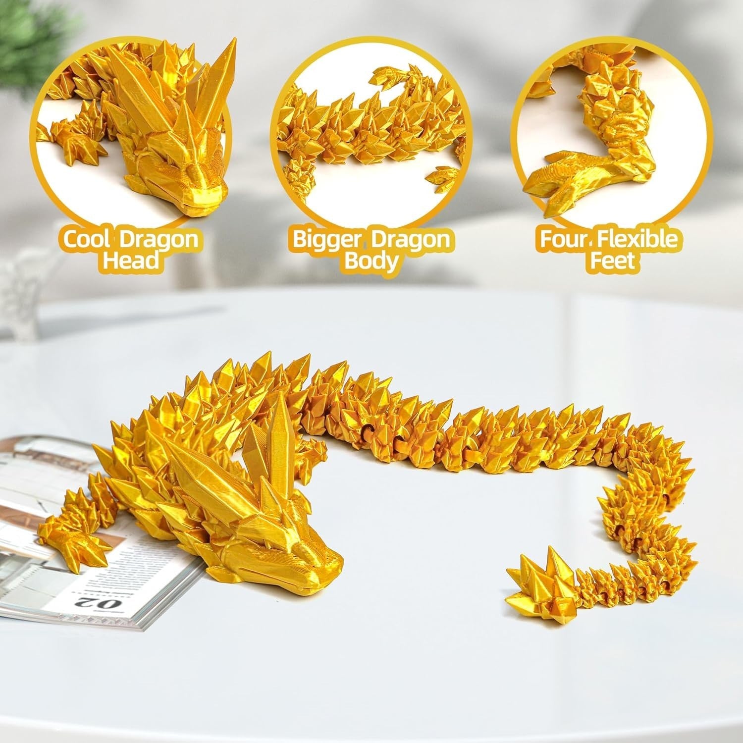 24in Gold Pearly 3D Printed Dragon Articulated Fantasy Fidget Decor