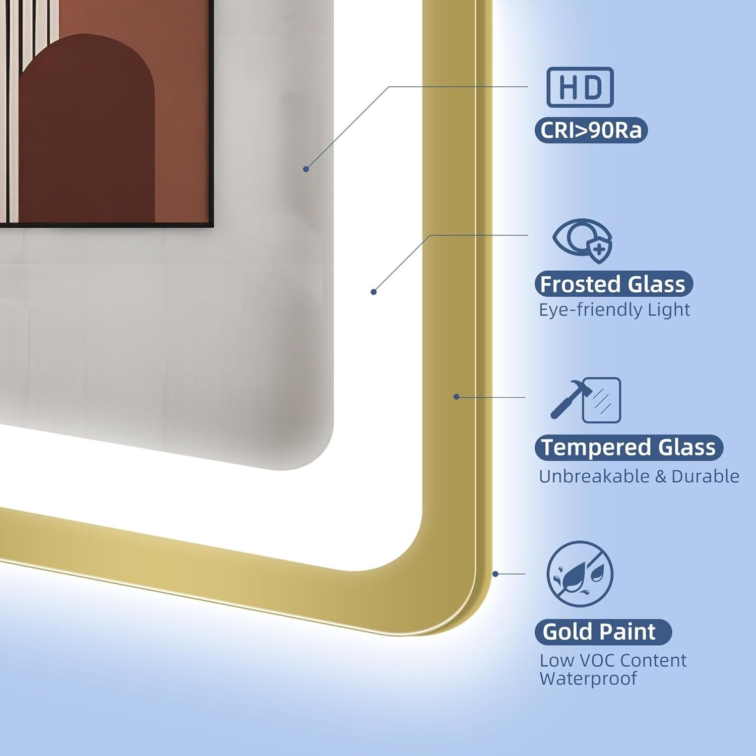 LED Bathroom Mirror 70x100 cm Gold Frame, Bluetooth, Anti-Fog, Dimmable