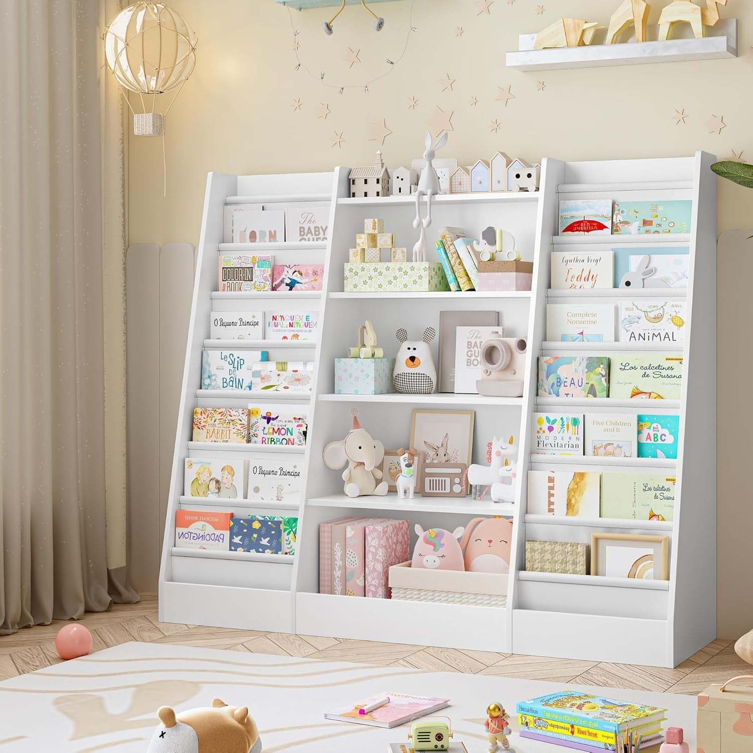 Kids Bookshelf Toy Storage Unit with 14 Sling Shelves & 5 Open Racks 129cm