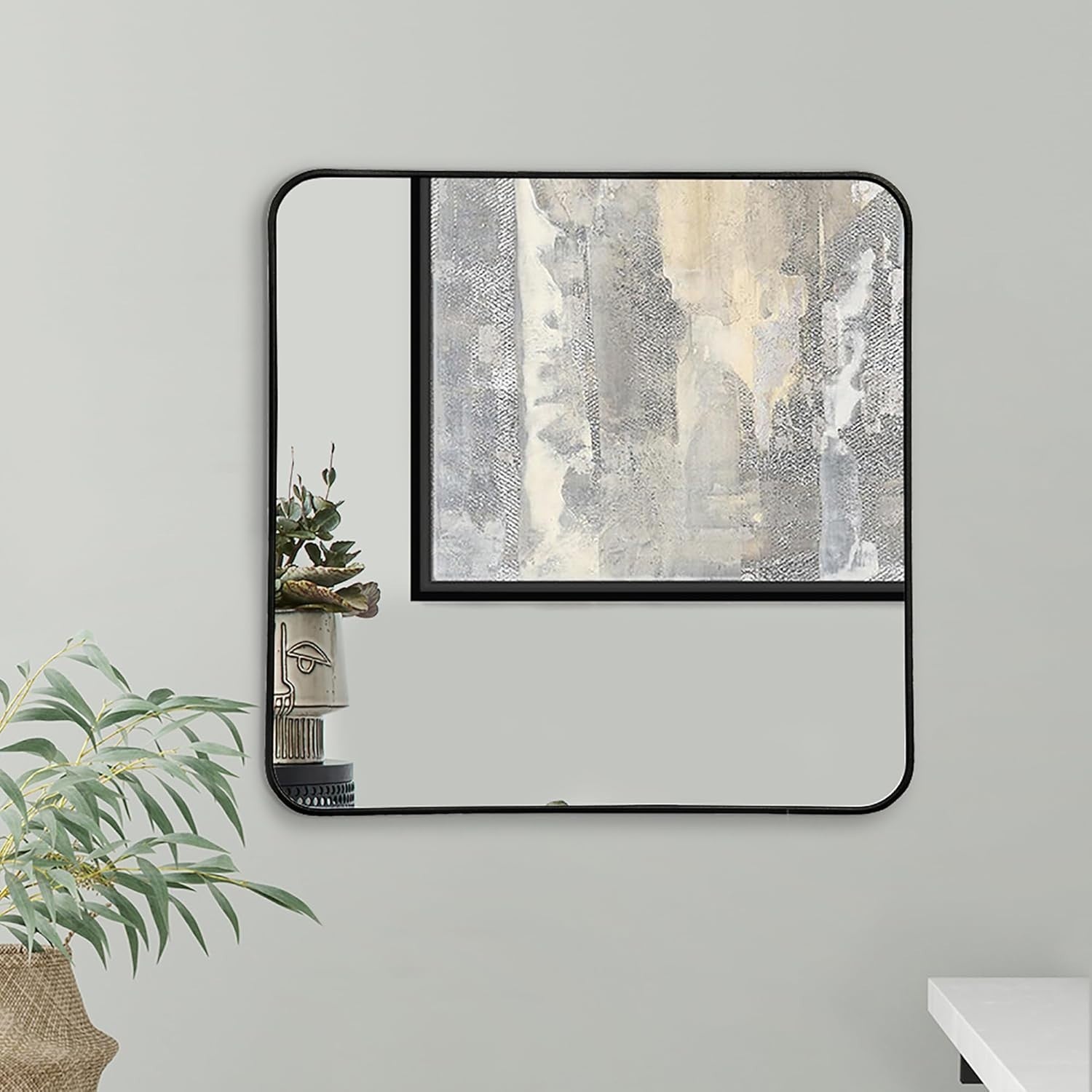 Large Square Wall Mirror 60x60cm Black Frame, Rounded Corners, Modern
