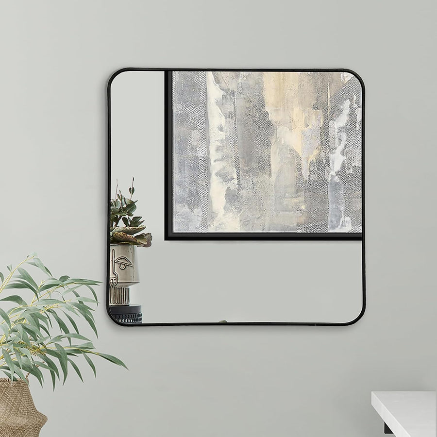 Large Square Wall Mirror 60x60cm Black Frame, Rounded Corners, Modern