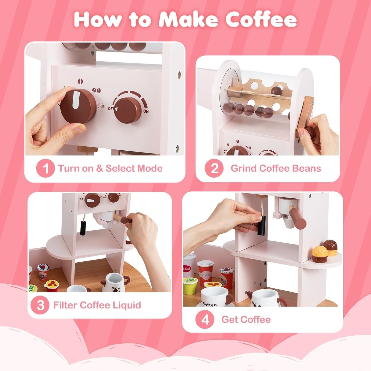 Corner Kids Play Kitchen Pink w/ Fridge Washer Coffee Maker Set