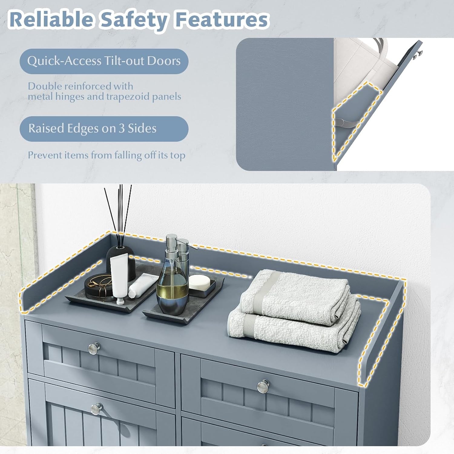 Grey Tilt-Out Laundry Cabinet with 2 Drawers & 2 Hampers Modern Bathroom Storage