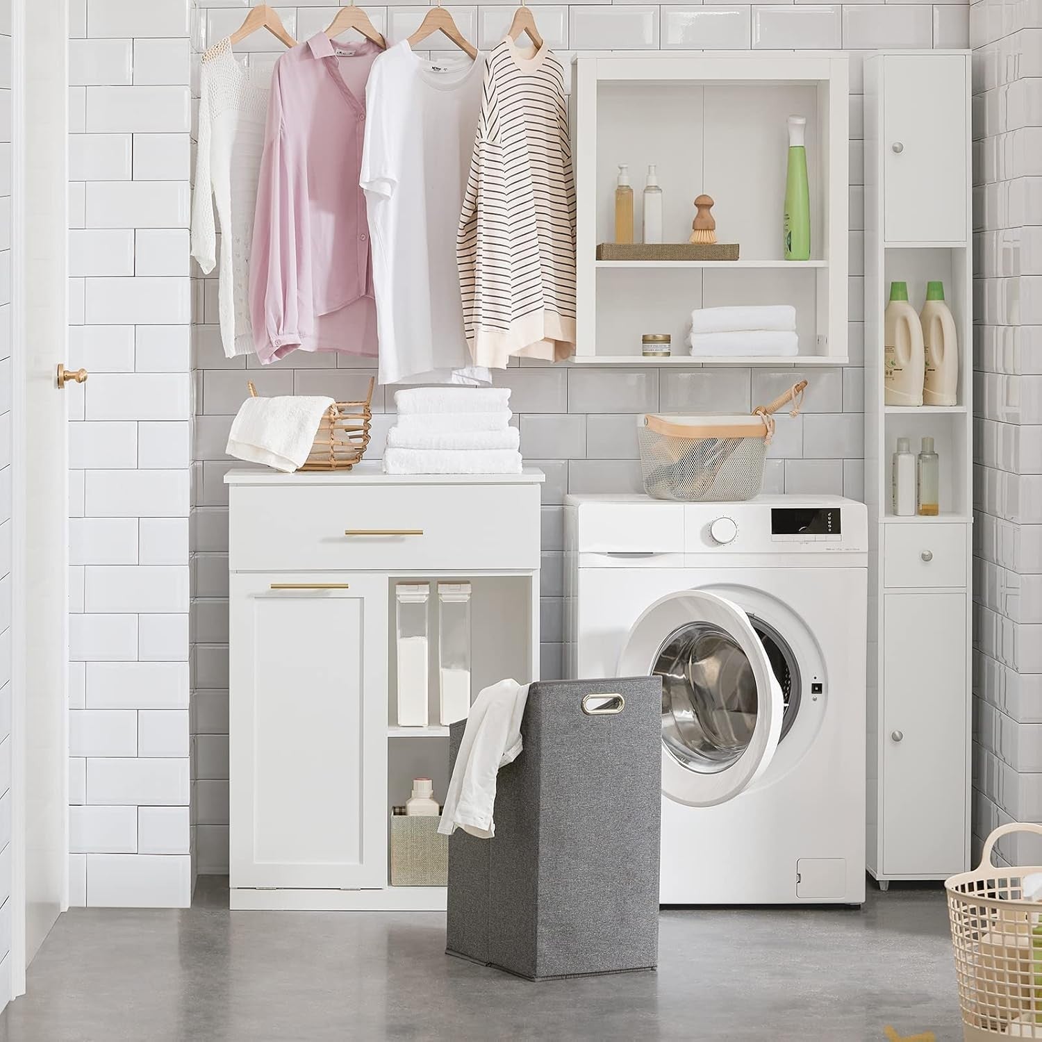 Bathroom Laundry Cabinet with Pull Out Basket Drawer Shelves White Storage