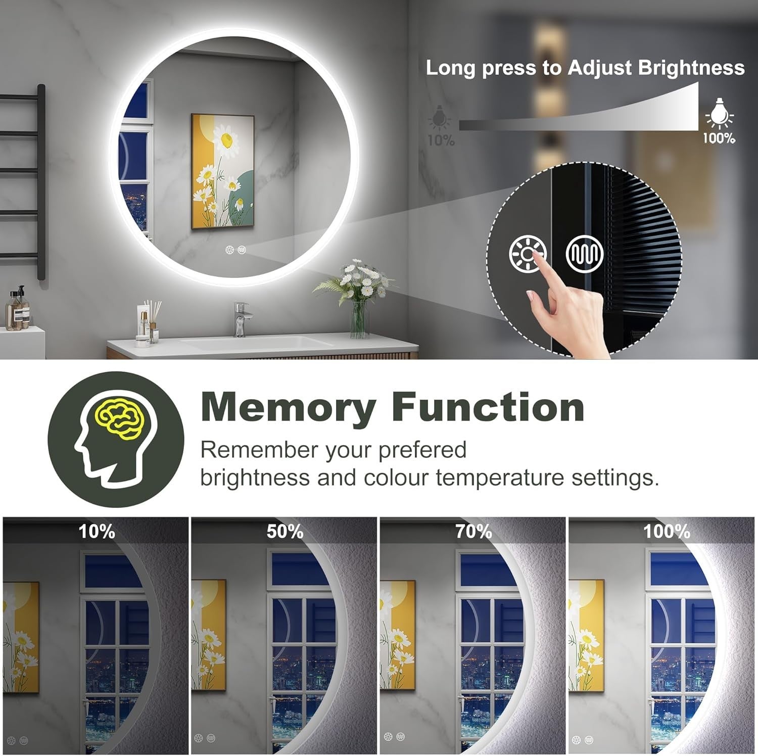 LED Bathroom Mirror 80x80cm Bluetooth Anti-Fog Dimmable Touch
