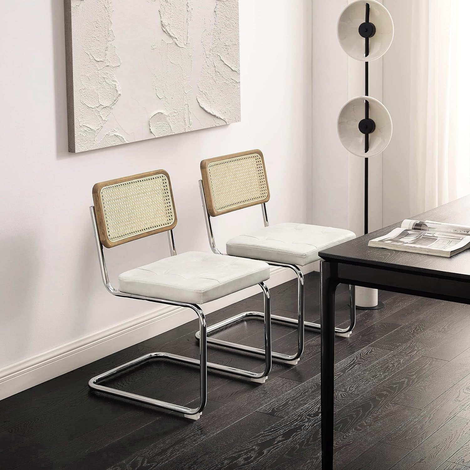 Set of 2 Cane Back Dining Chairs Faux Leather Seats Chrome Legs Off White