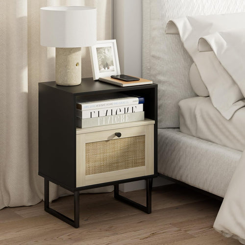 Boho Rattan Bedside Table Black Oak Nightstand with Drawer & Shelf