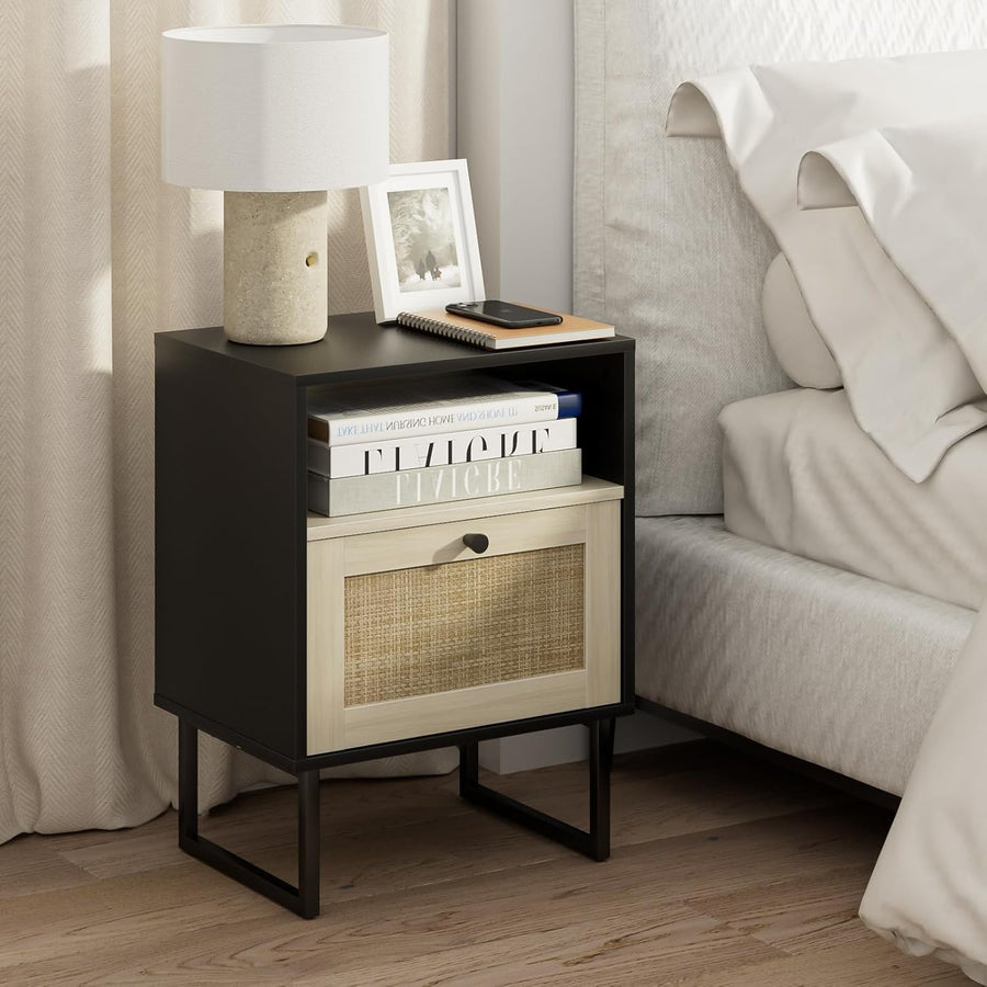 Boho Rattan Bedside Table Black Oak Nightstand with Drawer & Shelf