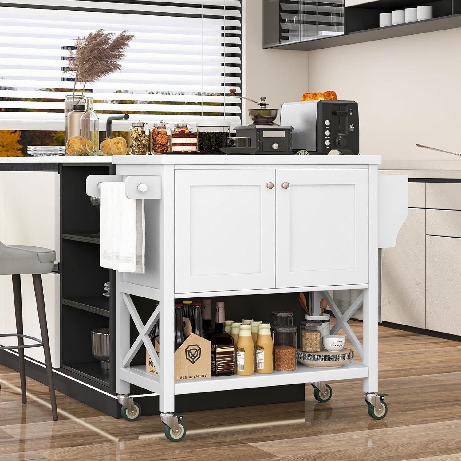 Kitchen Island Trolley on Wheels with Cabinet, Spice Rack & Towel Rail