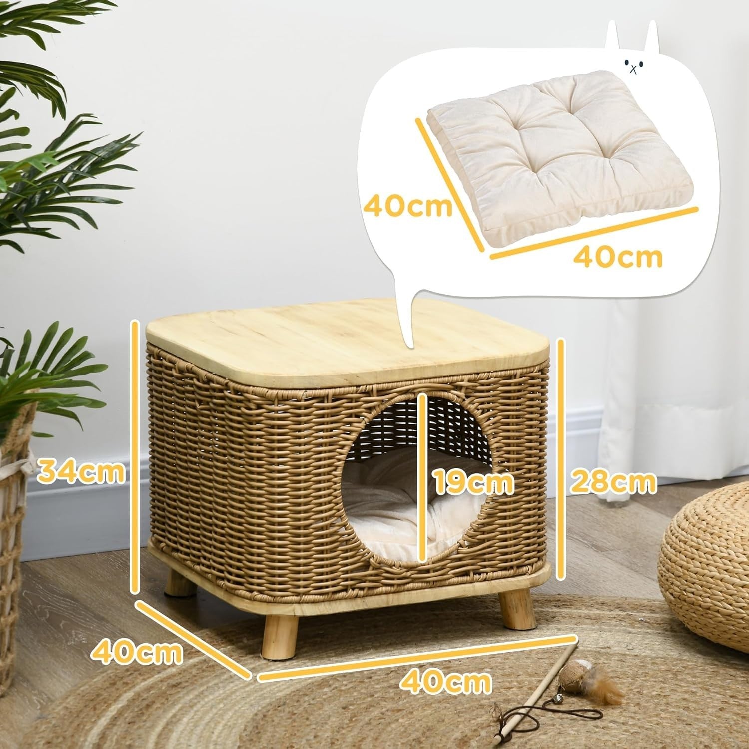 Elevated Wicker Cat House Washable Cushion Indoor Cat Cave Bed
