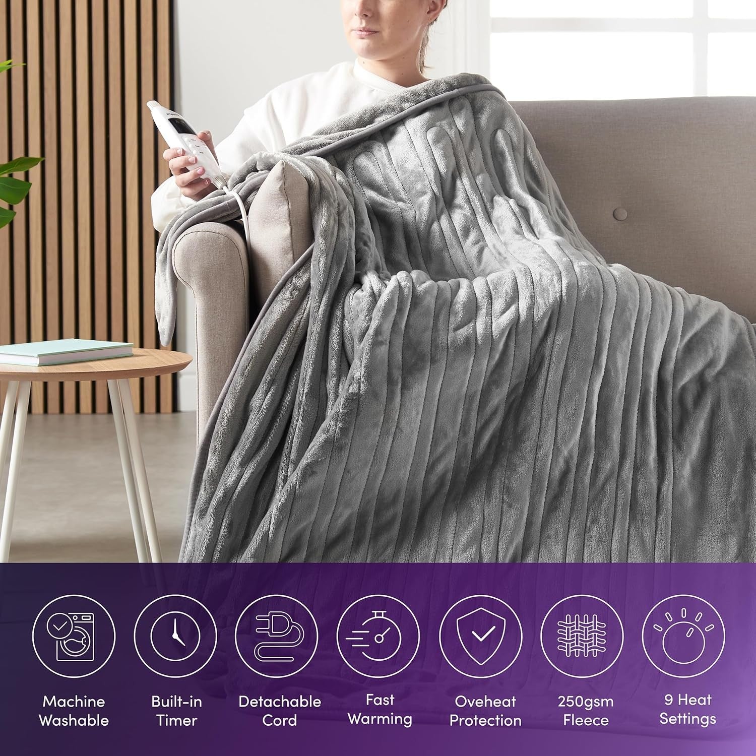 Electric Heated Throw Blanket 9 Heat Settings Digital Timer Soft Fleece 160x130c