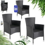 Black Rattan Garden Armchairs Set of 3 Stackable Patio Dining Chairs