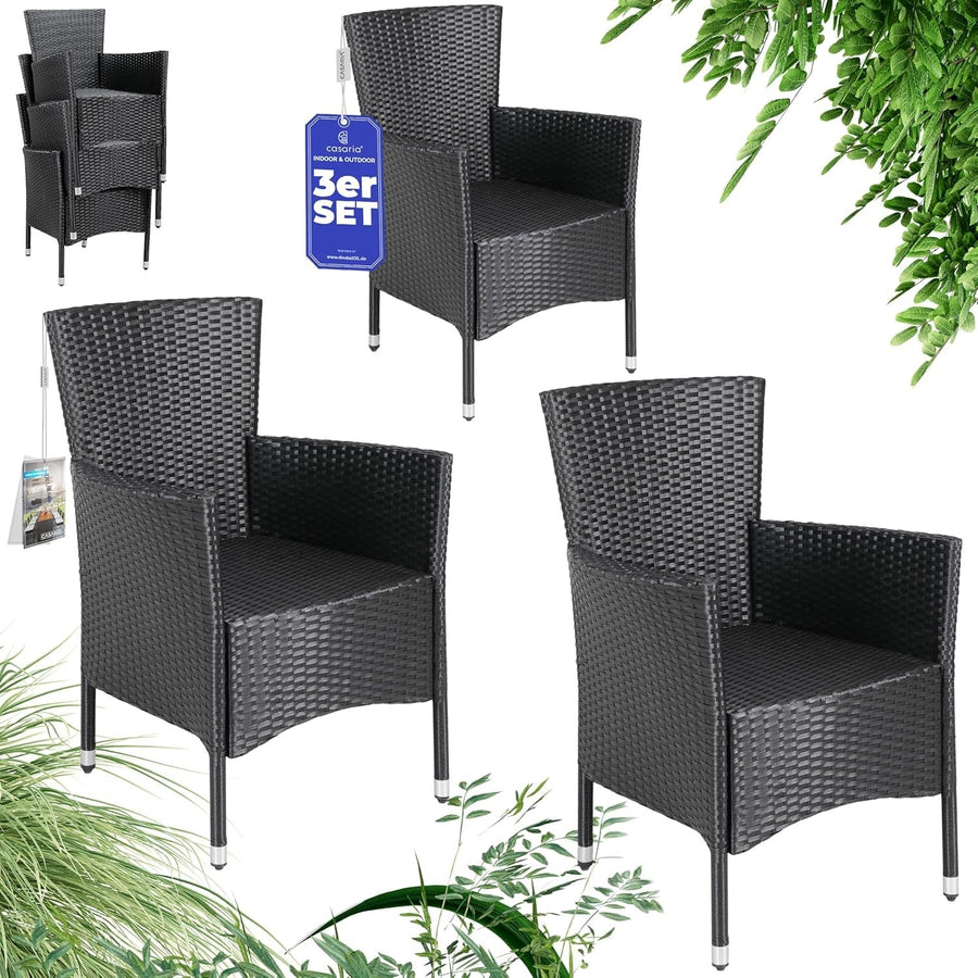 Black Rattan Garden Armchairs Set of 3 Stackable Patio Dining Chairs