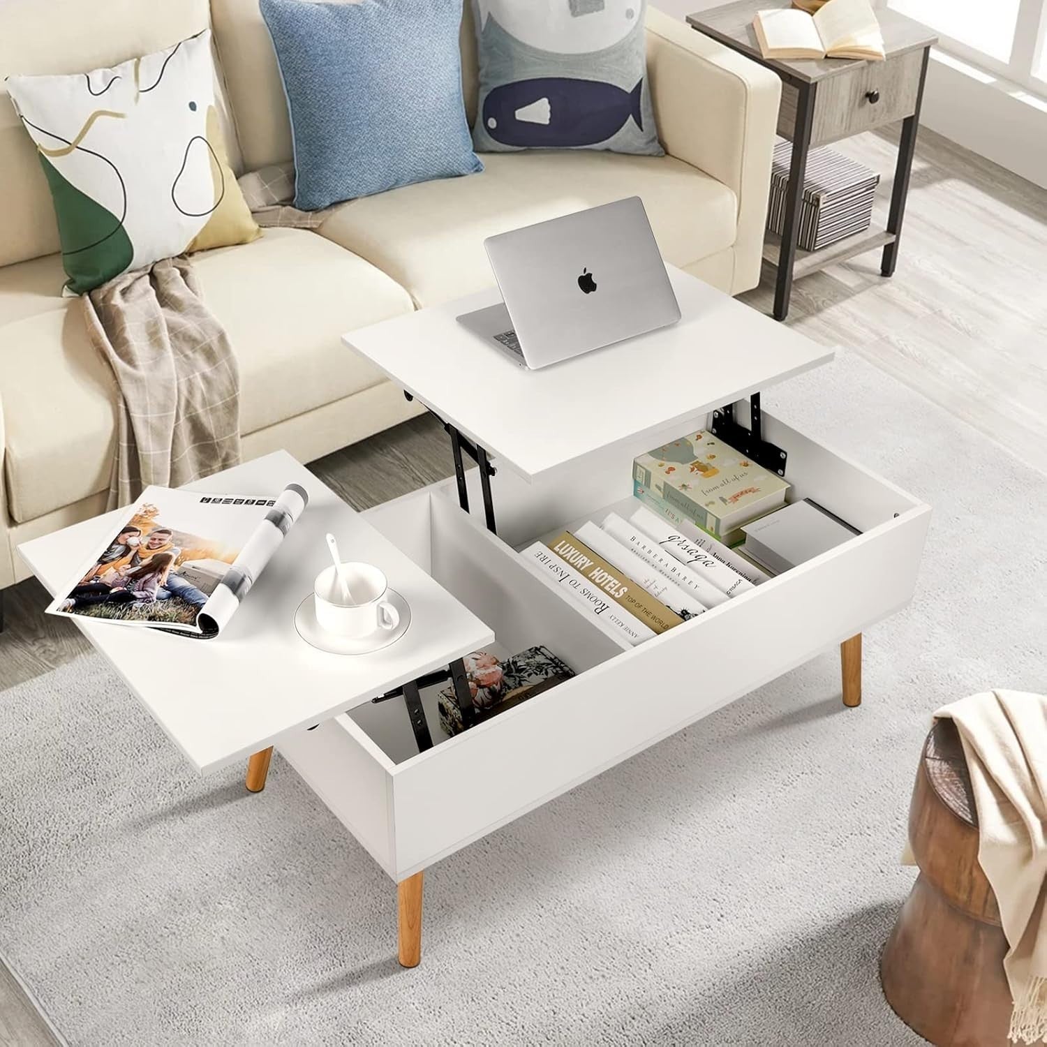 White Lift Top Coffee Table with Hidden Storage & Dual Work Surfaces