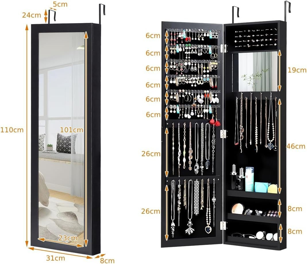 Hanging Jewelry Cabinet Full Length Mirror Wall Mounted Storage Black