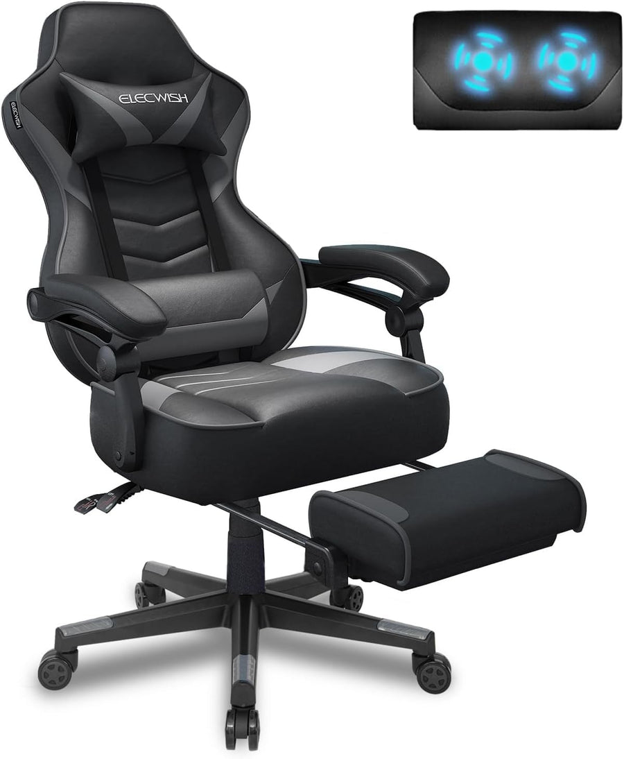 Reclining Gaming Chair Grey w/ Footrest & Massage Lumbar