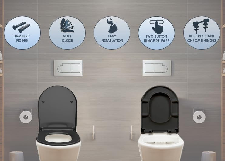 Black Duroplast Toilet Seat Soft Close D Shape Quick Release Easy Clean 45x37cm