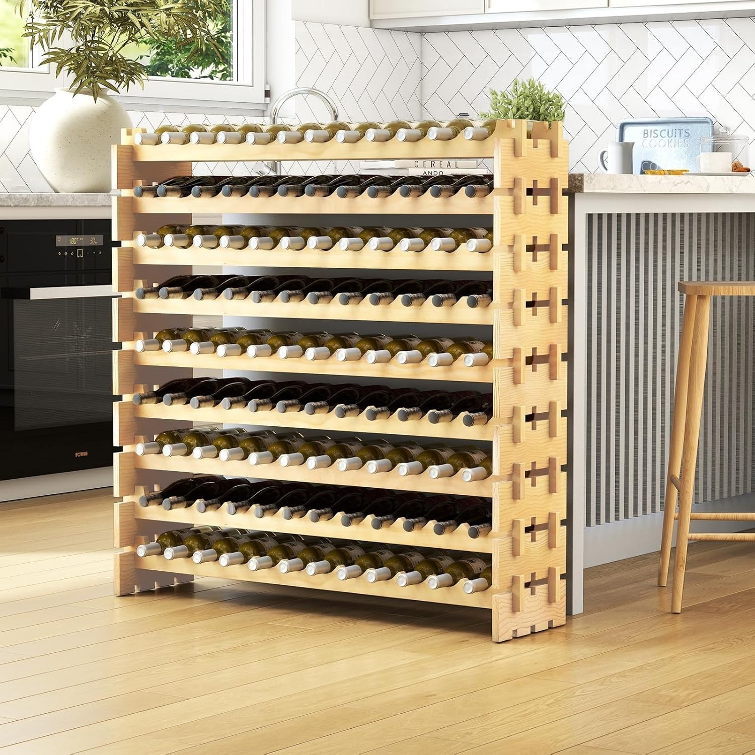 108 Bottle Wine Rack Large 6 Tier Natural Wood Stackable Storage Cellar Bar
