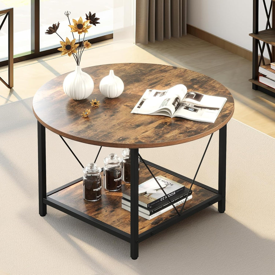 Round Coffee Table with Storage Shelf 80cm Industrial Rustic Metal Legs Brown