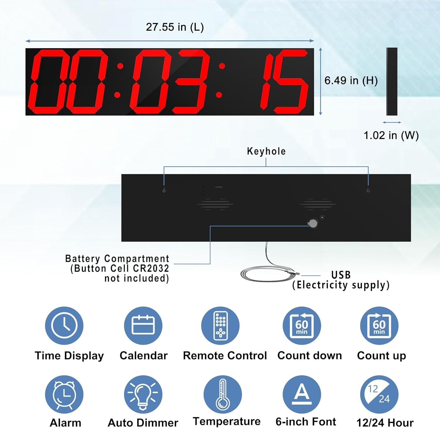 Oversized LED Wall Clock 27" Digital Timer Remote Date Temp Display Red