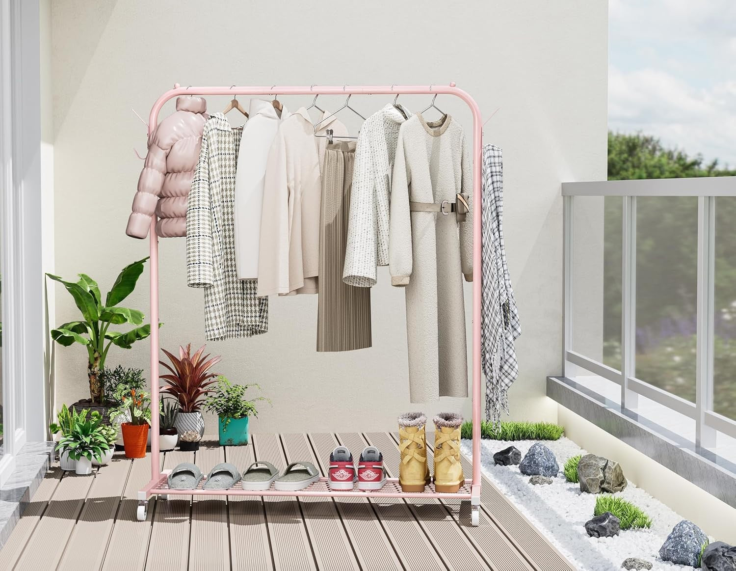 Portable Clothes Rail Pink 40KG Rack With Wheels Shelf & Hooks