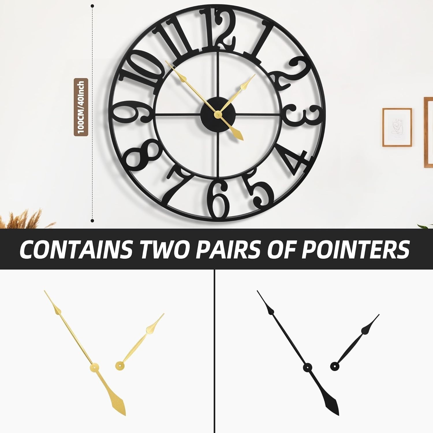 40 Inch Oversized Black Metal Wall Clock Silent Non-Ticking Farmhouse Decor