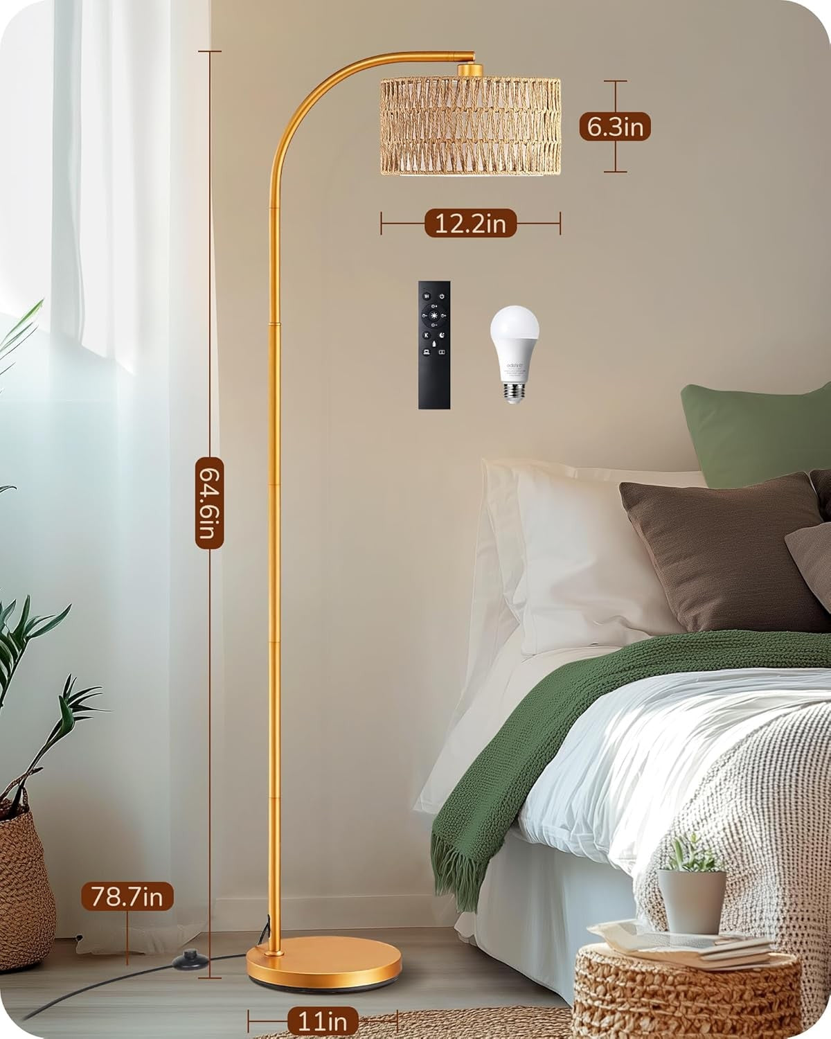 Arc Floor Lamp Gold Rattan Shade Dimmable Remote Boho LED Standing Light