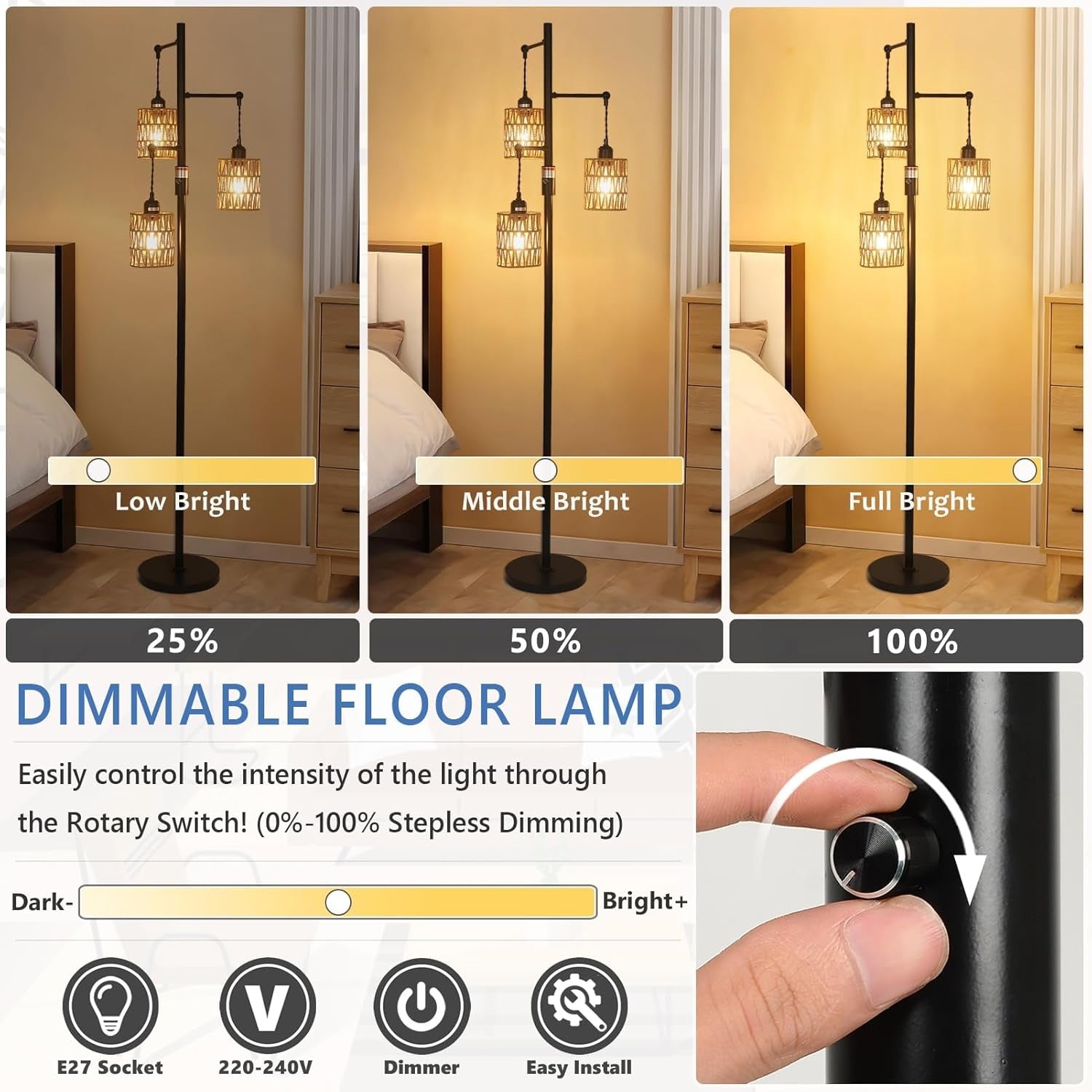 Dimmable Rattan Floor Lamp 3 Light Boho Tall Standing Lamp Stepless Dimmer