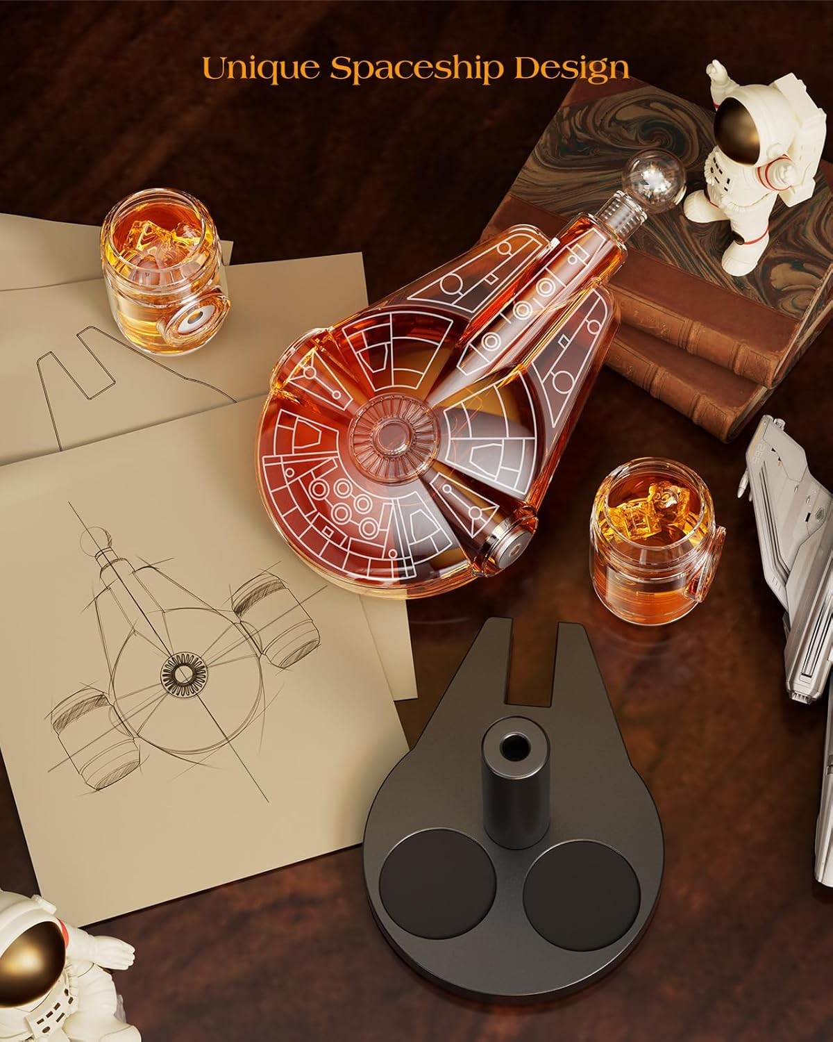 Spaceship Whiskey Decanter Set 840ml with Stand & 2 Shot Glasses Unique Gift