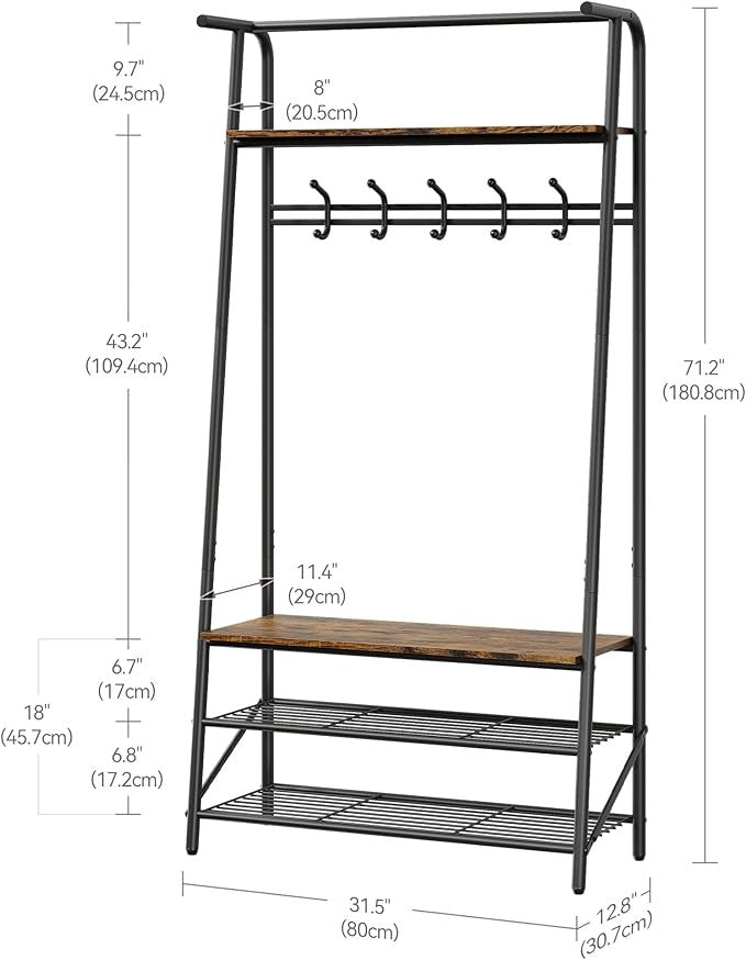 Rustic Brown 4-in-1 Coat Rack with Shoe Storage & 5 Hooks Metal Hall Tree