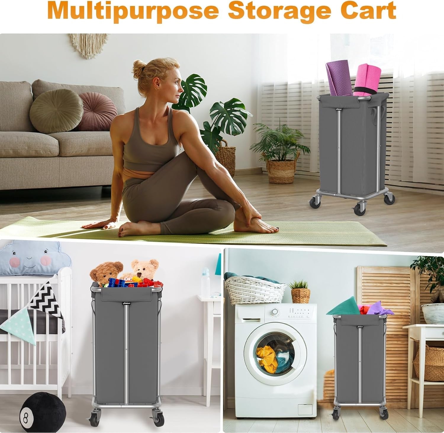 115L Grey Rolling Laundry Hamper with Wheels Steel Frame Washable Removable Bag