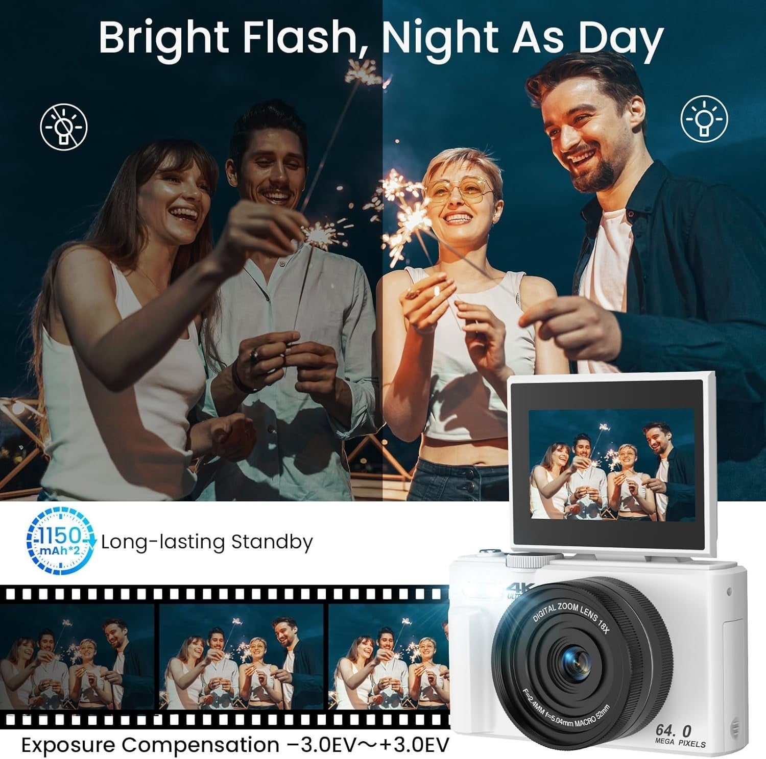 5K 75MP Vlogging Camera WiFi Flip Screen Zoom Camera White 64GB