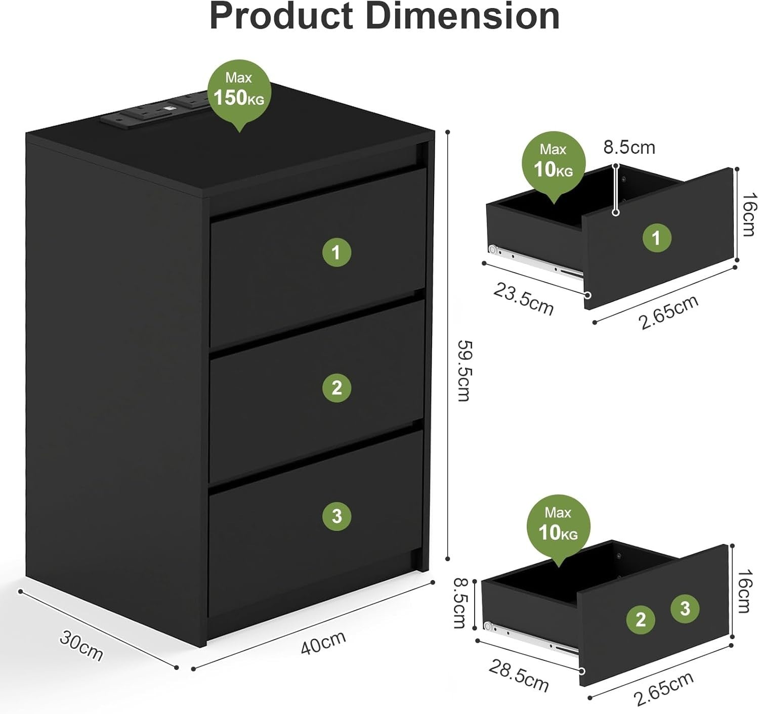 Modern Black Bedside Table with 3 Drawers & Power Station, Wooden Nightstand