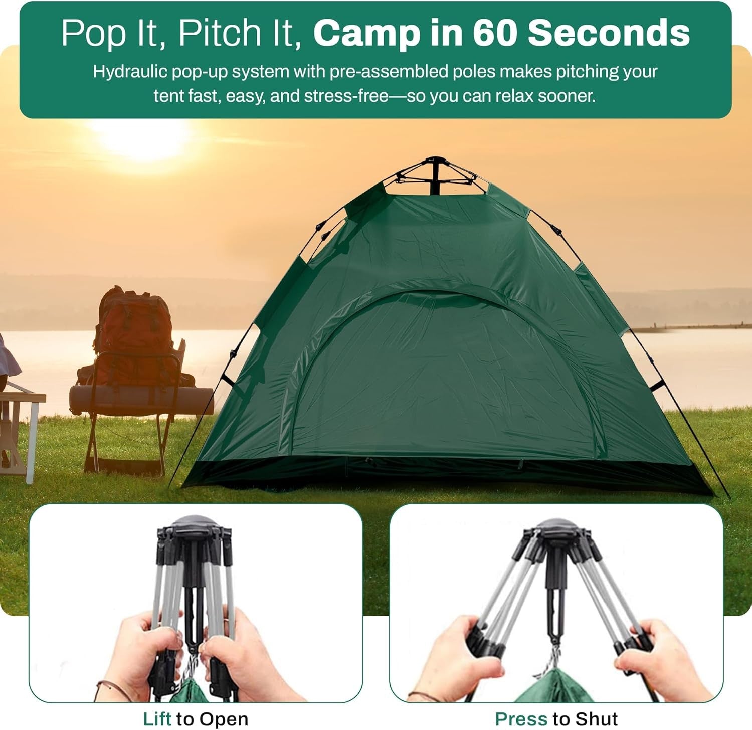 Green Qisan 3-4 Person Hydraulic Dome Camping Tent – Quick Setup